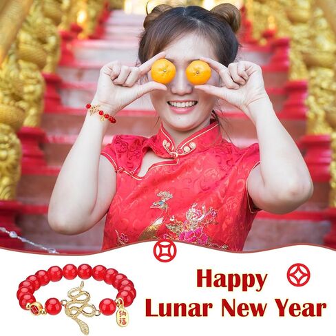 24pcs 2025 Chinese New Year Snake Beaded Charm Bracelets Set Including 12pcs Adjustable Red Beaded Bracelet and 12pcs Velvet Bags Charm Bracelet Lucky Zodiac Charm Bracelet Gift for Women Men in Saudi Arabia