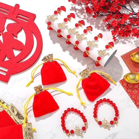 24pcs 2025 Chinese New Year Snake Beaded Charm Bracelets Set Including 12pcs Adjustable Red Beaded Bracelet and 12pcs Velvet Bags Charm Bracelet Lucky Zodiac Charm Bracelet Gift for Women Men in Saudi Arabia