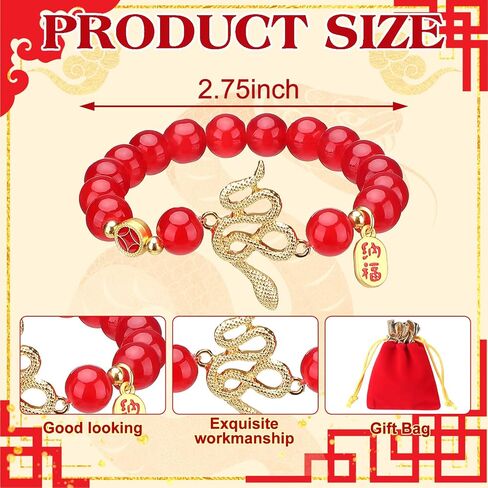 24pcs 2025 Chinese New Year Snake Beaded Charm Bracelets Set Including 12pcs Adjustable Red Beaded Bracelet and 12pcs Velvet Bags Charm Bracelet Lucky Zodiac Charm Bracelet Gift for Women Men in Saudi Arabia