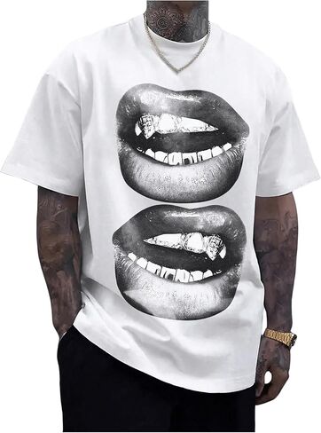 GORGLITTER Men's Lip Pattern Graphic Tees Loose Short Sleeve Crewneck T Shirts Streetwear Top in Kuwait