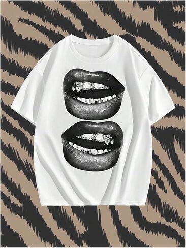GORGLITTER Men's Lip Pattern Graphic Tees Loose Short Sleeve Crewneck T Shirts Streetwear Top in Kuwait