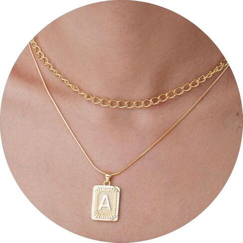 Gold Initial Necklaces for Women 14K Gold Plated Letter Necklace Square Pendant Layered Gold Choker Necklaces Set Trendy Jewelry in Saudi Arabia
