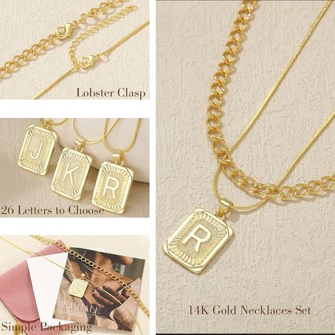 Gold Initial Necklaces for Women 14K Gold Plated Letter Necklace Square Pendant Layered Gold Choker Necklaces Set Trendy Jewelry in Saudi Arabia
