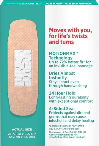 ضمادات لاصقة مرنة من ماركة Band-Aid للإسعافات الأولية والعناية بالجروح من الجروح والخدوش والحروق الطفيفة، ضمادات معقمة مرنة رائعة للأصابع واليدين والركبتين، مقاس واحد، 25 قيراط in Kuwait