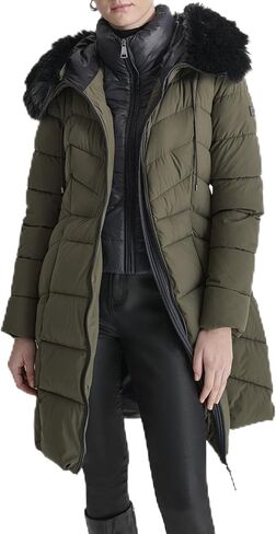 DKNY Women's Bib-Front Faux-Fur Trim Hooded Long in Saudi Arabia