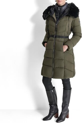 DKNY Women's Bib-Front Faux-Fur Trim Hooded Long in Saudi Arabia