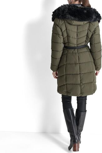 DKNY Women's Bib-Front Faux-Fur Trim Hooded Long in Saudi Arabia