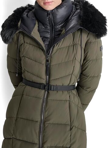 DKNY Women's Bib-Front Faux-Fur Trim Hooded Long in Saudi Arabia