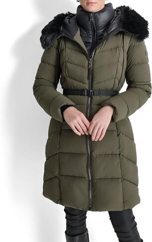 DKNY Women's Bib-Front Faux-Fur Trim Hooded Long in Saudi Arabia