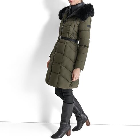 DKNY Women's Bib-Front Faux-Fur Trim Hooded Long in Saudi Arabia