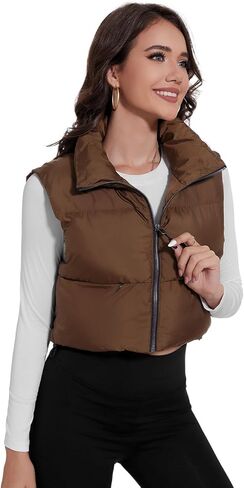 Women's Crop Puffer Vest Stand Collar Sleeveless Zip Up Vest Lightweight Padded Gilet in Kuwait