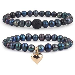 Natural Stone Lava Rock Diffuser & 8-9MM Cultured Freshwater Natural Gray Pearl & heart charm Stretch Bracelet for Women