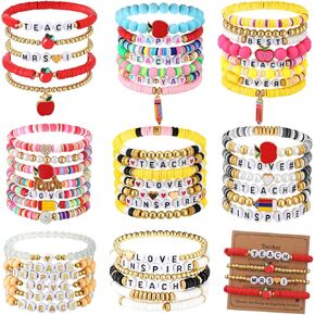 Teacher Heishi Bracelets Stackable with Cards Teacher Appreciation Beaded Stretch Bracelets for Women Back to School Teach Love Inspire Gift