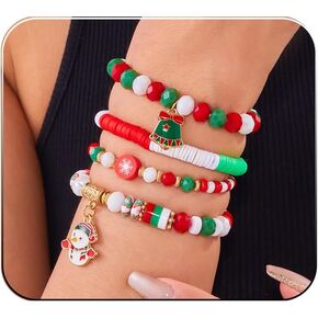 Vintage Christmas Bracelet Boho Beaded Stretch Bracelet Stacked Bead Bracelet Stretched Multi-layer Colorful Bead Bracelet Acrylic Santa Bracelet Christmas Tree Elk Bracelet Charm Party Jewelry for Women