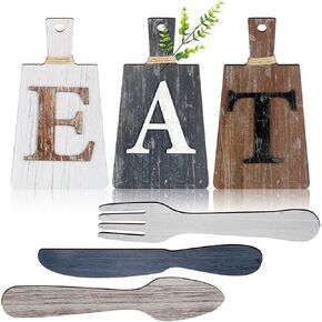 Blulu 6 Pieces Cutting Board Eat Sign Set Hanging Kitchen Eat Sign Fork and Spoon Wall Decor Rustic Farmhouse Kitchen Decor for Kitchen and Home Decoration Art(Classic Color)