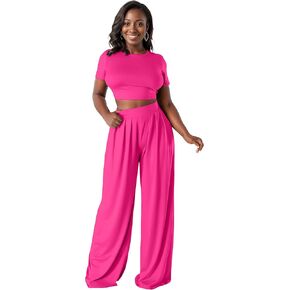 Womens 2 Piece Lounge Sets Casual Comfy Tracksuits Outfits Crop Tops Round Neck Wide Leg Pants Short Sleeve Jumpsuits
