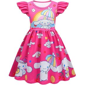 Girls Cartoon Dress Ruffle Sleeve Summer Casual Playwear for Little Kids