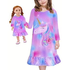 Bow Dream Toddler Girls Cartoon Dress and Matching American Girl Doll Clothes for Girls Long Sleeve