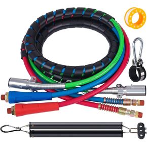 CheeMuii 12 FT Semi Truck Air Lines Kit with 2 PCS 16" Single Tender Spring Kit Gladhands with Gladhand Holder and Handles 3IN1 Red & Blue Air Hoses ABS Electric Power Line Kit for Truck Trailer