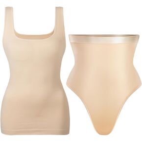 EUYZOU Women Tummy Control Shapewear Tank Tops & Thong Panties, High Waist Body Shaper Underwear, Nude&Nude XL