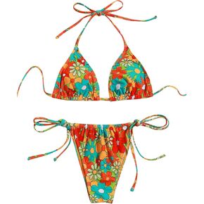 SOLY HUX Women's Floral Print 2 Piece Swimsuits Bikini Set Halter Triangle Swimwear Sexy Bathing Suit