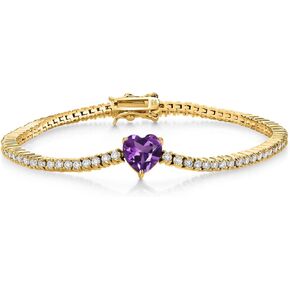 Gem Stone King 18K Yellow Gold Plated Silver Heart Gemstone Birthstone and White Moissanite Tennis Bracelet | Heart Bracelet For Women | Heart Shape 8MM | 7.25 Inch