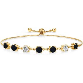 Gem Stone King 18K Yellow Gold Plated Silver Round Black Onyx and White Lab Grown Diamond Tennis Bracelet For Women (2.39 Cttw,Gemstone Birthstone, Fully Adjustable Up to 9 Inch)