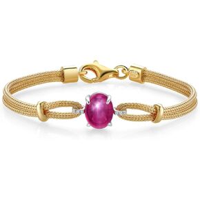 Gem Stone King 18K Gold Plated Two Tone Silver Personalized Customized Red Created Star Ruby & Lab Grown Diamond Bracelet For Women | 6.5/7/7.5 Inches | Made In Italy