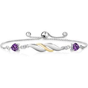 925 Sterling Silver and 10K Yellow Gold Purple Amethyst and White Lab Grown Diamond Tennis Bracelet For Women (0.86 Cttw, Gemstone Birthstone, Heart Shape 5MM, Fully Adjustable Up to 9 Inch)