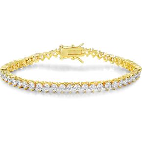 Gemsme 3 Prong Tennis Bracelet, 18K Yellow Gold Plated 4mm Round Cubic Zirconia Bracelet for Women Size 6.5-8.5 Inches