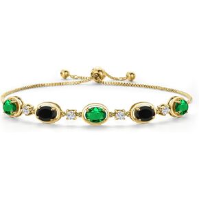 Gem Stone King 18K Yellow Gold Plated Silver Green Nano Emerald and Black Onyx Bracelet For Women | 3.20 Cttw | Gemstone May Birthstone | Oval 7X5MM | Fully Adjustable 9 Inch