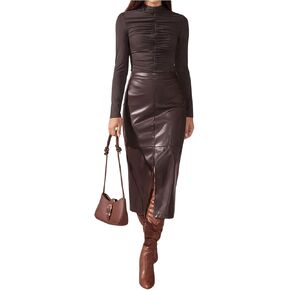 Floerns Women's Elegant Leather High Waist Midi Skirt Slit Hem Office A Line Skirt