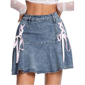 Milumia Women's Y2k Lace Up Front Flared Skirt Ruffle Hem Denim Mini Skirts