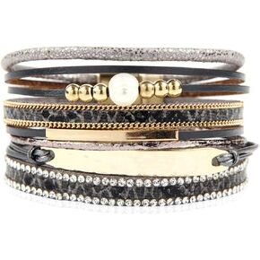 RIAH FASHION Bohemian Leatherette Wrap Multi Layer Statement Bracelet - Wrist Cuff Cubic Rhinestone, Sparkly Bead, Faux Leopard Skin, Natural Stone Pearl