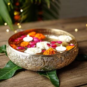 BEHOMA Aluminium Handmade Antique Round Urli Bowl, 1 Pc, 2000.0 milliliters, Matte Golden, Metal, Embossed, Includes Box, Not Dishwasher Safe, Not Microwaveable, Made in India