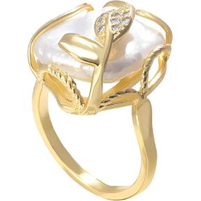 HETICA Irregular Pearl Ring, Baroque Pearl Leaf Shape Rhinestone Ring, Gold Vintage Pearl Stacking Ring, Open End Adjustable Statement Ring, Fashion Jewelry Ring Gift for Women