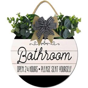 Bathroom Decor,Bathroom Open 24 Hours Please Seat Yourself Sign,Rustic Round Wooden Wreath Sign,Modern Farmhouse Home Accent for All The Seasons