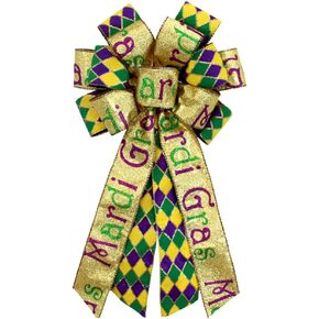Large Mardi Gras Bow for Wreath, 20 * 11inch Green Purple Metallic Glitter Wreath Bow Carnival Festival Diamond Decorative Bow for New Orleans Fat Tuesday Home Outdoor Indoor Party in Saudi Arabia