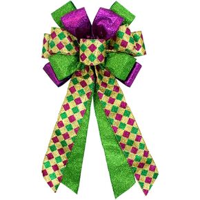 Large Mardi Gras Bow for Wreath, 20 * 11inch Green Purple Metallic Glitter Wreath Bow Carnival Festival Diamond Decorative Bow for New Orleans Fat Tuesday Home Outdoor Indoor Party in Kuwait