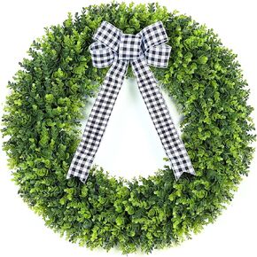 32" Faux Round Boxwood Wreath, Vlorart Artificial Large Boxwood Wreath Front Door Wreaths Artificial Spring Summer Greenery Hanging with A Plaid Bow for Villa Wall Hanging Window Wedding Party Decor