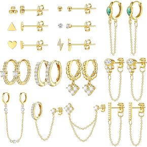 مجموعة أقراط ذهبية أنيقة من BESTEEL مكونة من 27 قطعة للنساء، مجموعة أقراط هوجي هوب مطلية بالذهب عيار 14 قيراط من أجل ثقب متعدد لا يسبب الحساسية من الفولاذ الجراحي الصغير المتدلي على شكل سلسلة أقراط غضروفية in Kuwait