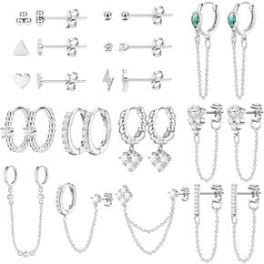 BESTEEL 27 PCS Dainty Gold Earrings Set for Women 14K Gold Plated Stud Huggie Hoop Earring Sets for Multiple Piercing Hypoallergenic Surgical Steel Small Dangle Chain Cartilage Earrings Stacks Pack