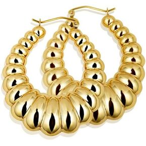 Ladies 14K Yellow Gold Reversible Croissant Ribbed Hoop Earrings, 6-8.5mm Thick 24-33.5mm Diameters