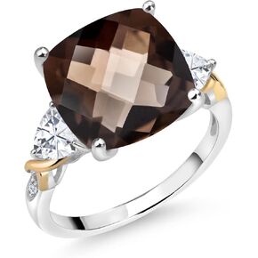 Gem Stone King 925 Silver and 10K Yellow Brown Smoky Quartz and White Moissanite and Diamond Ring For Women (7.05 Cttw, 12MM Cushion and 5mm Trillion, Available in Size 5,6,7,8,9)