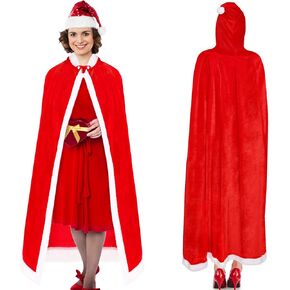 Women Christmas Costumes Xmas Mrs Santa Claus Cloak Red Velvet Hooded Cape Robe Shawl for Adult, Teens
