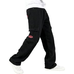 Verdusa Men's Denim Cargo Pants Letter Patched Straight Leg Streetwear Jeans Trousers