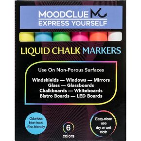 MoodClue Liquid chalk markers washable, erasable, dry or wet erase. 6 neon markers for whiteboards, glass boards, mirrors, chalkboards, windows, car windshields, glass. Non-toxic, reverse tip pens