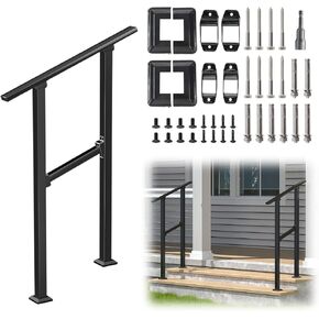Muzata 2 Step Handrail for Outdoor Steps Black Wrought Iron Stair Railing Fits 1-2 Step Outdoor Handrail Porch Railing Kit HK43