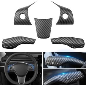 Steering Wheel Trim and Gear Shift Cover Compatible with 2021-2023 Tesla Model 3 2019-2024 Model Y, Carbon Fiber Steering Wheel Panel Trim with Steering Lever Cover (5pcs/Set, ABS Matte Carbon)