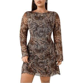 MakeMeChic Women's Plus Size Leopard Print Dress Bell Sleeve Cheetah Print Dress Y2K Mesh Backless Mini Dresses
